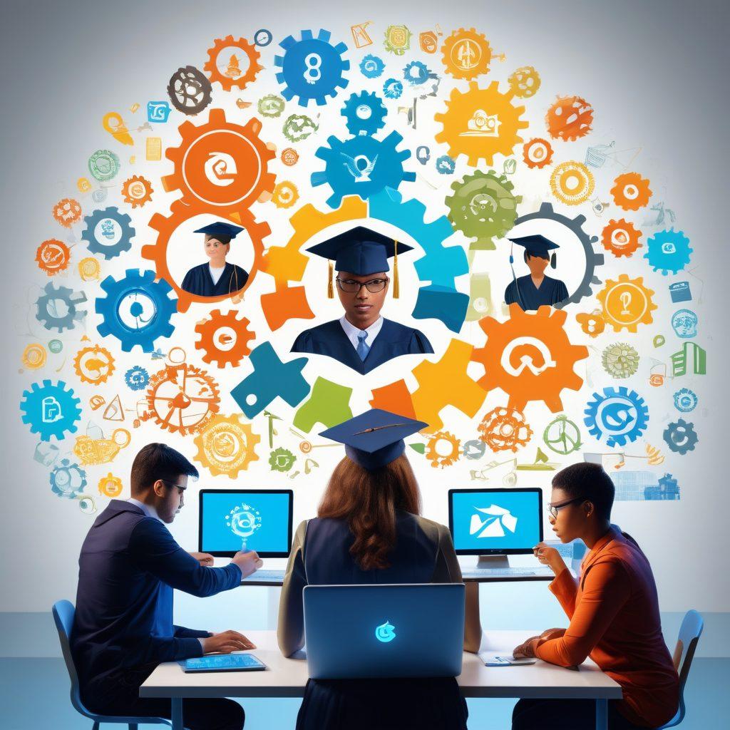 A dynamic collage showcasing a diverse group of individuals engaging in e-learning on various devices, surrounded by symbols of technical education, such as gears, coding snippets, and graduation caps. Include a bright, open environment symbolizing growth and opportunity, with a pathway leading towards a bright horizon. The people should represent various ethnicities and professions. super-realistic. vibrant colors. 3D.