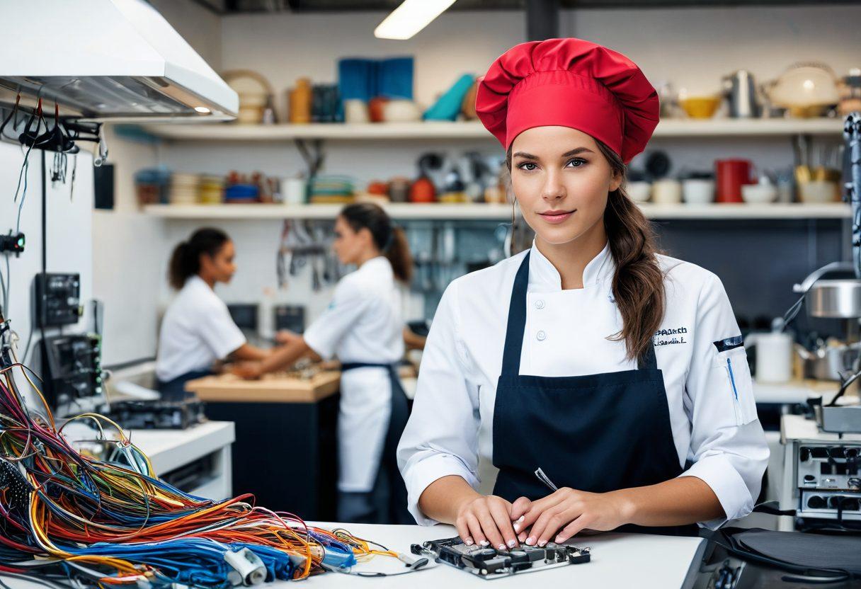 A vibrant montage showcasing diverse vocational training scenarios, including a budding chef in a modern kitchen, a young woman in a tech lab coding, an electrician expertly working with wires, and a stylish fashion designer amidst colorful fabrics. The background should hint at a bustling career fair with people networking and discussing opportunities. The overall tone should inspire ambition and professionalism. super-realistic. vibrant colors. white background.