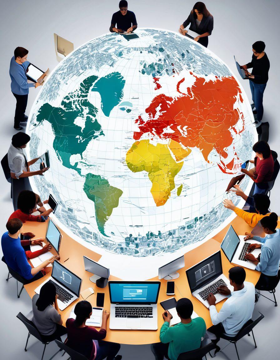 A diverse group of students engaged in online learning, surrounded by laptops, tablets, and digital resources floating around them, depicting various online courses and tools like video lectures, e-books, and interactive quizzes. A stylized digital map in the background symbolizes navigation through the vast online educational landscape. Warm, inviting colors highlight a sense of community and collaboration. super-realistic. vibrant colors. white background.